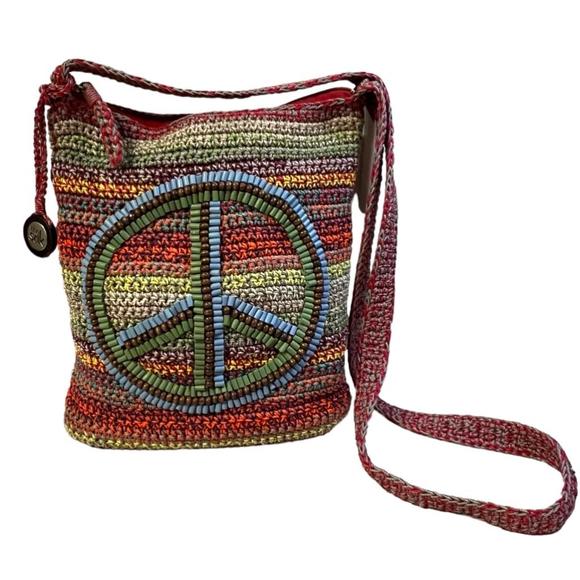 The Sak Handbags - The Sak Purse Beaded Peace Sign Rainbow Colors Woven Shoulder Bag Unstructured
